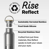 Klean Kanteen Rise Reflect bamboo cap, food grade silicone and recycled stainless steel feature callouts - K1011496